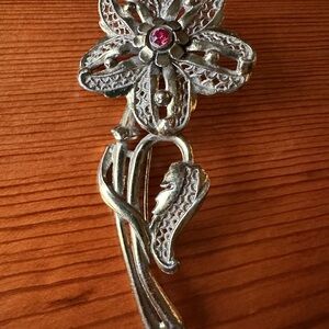 Silver Flower Pin with Red Gem